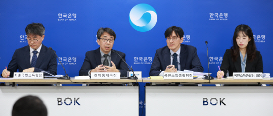 박창현(왼쪽부터)한국은행 지출국민소득팀장, 신승철 경제통계국장, 장은종 국민소득총괄팀장, 이지현 국민소득총괄팀 과장이 24일 한은에서 열린 '2024년 3분기 실질 국내총생산(속보)' 설명회를 열고 질의응답에 응하고 있다. [한국은행 제공]